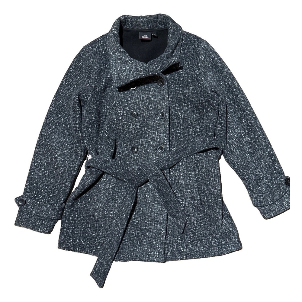 Ike Behar Double Breasted Fleece Belted Coat L Plaid Charcoal Gray